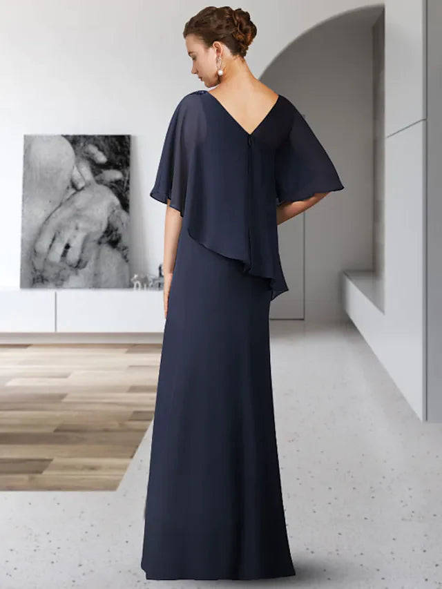 Wholesale Mother of the Bride Dress Elegant V Neck Floor Length Chiffon Half Sleeve with Ruffles